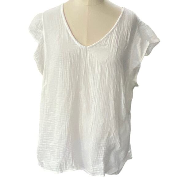 Three Dots White cotton gauze v neck flutter sleeve  Relaxed fit blouse Sz LARGE - Picture 9 of 10